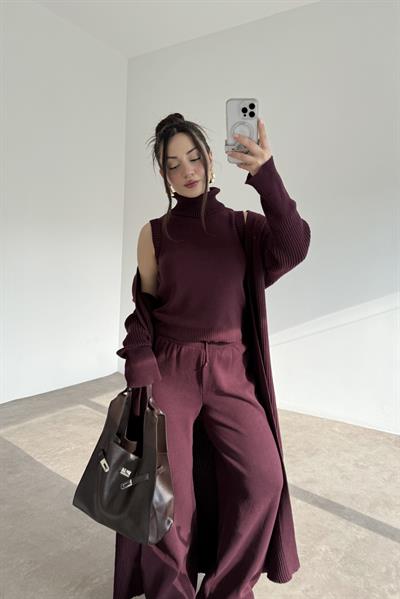 Uzun Hırkalı Pantolonlu Üç Parça Mürdüm Takım