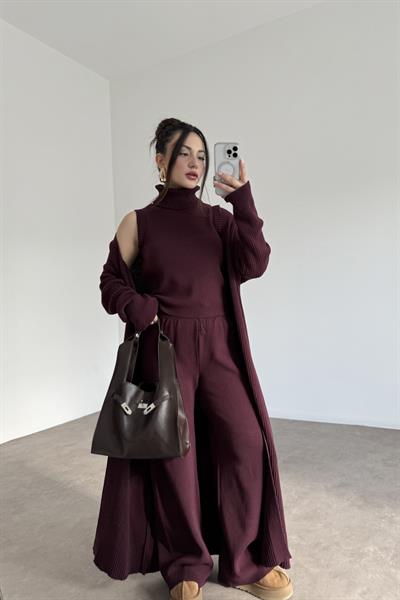 Uzun Hırkalı Pantolonlu Üç Parça Mürdüm Takım