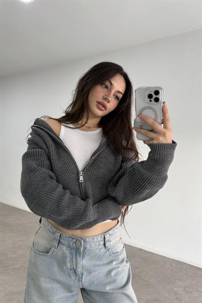 Uzun Yakalı Fermuarlı Antrasit Hırka