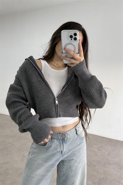 Uzun Yakalı Fermuarlı Antrasit Hırka