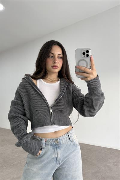 Uzun Yakalı Fermuarlı Antrasit Hırka