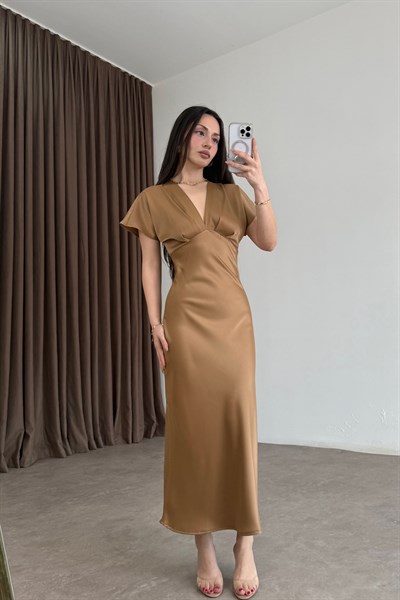 V Yaka Drapeli Bronz Saten Midi Elbise