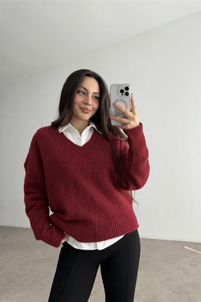 V Yakalı Yumoş Dokulu Bordo Kazak