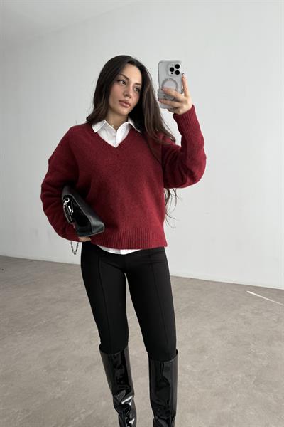 V Yakalı Yumoş Dokulu Bordo Kazak