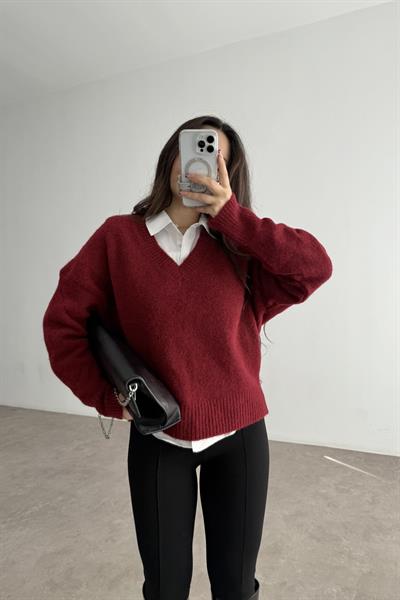 V Yakalı Yumoş Dokulu Bordo Kazak