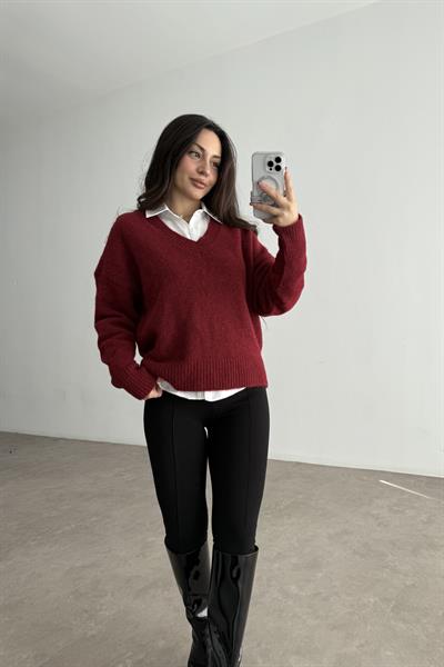 V Yakalı Yumoş Dokulu Bordo Kazak