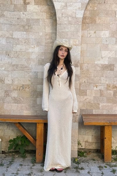 Velamore Gold Detaylı Ekru Plaj Elbisesi