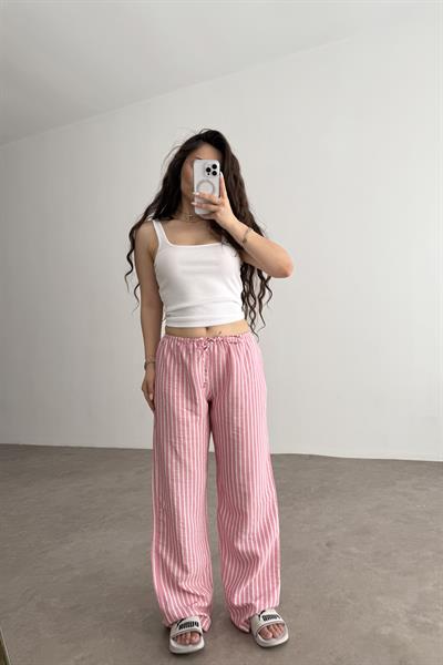 Viskon Summery Pink Çizgili Pantolon