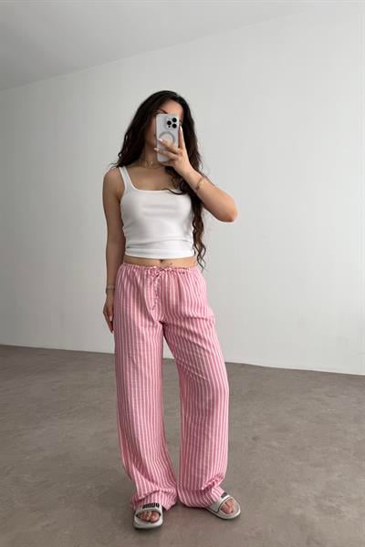 Viskon Summery Pink Çizgili Pantolon