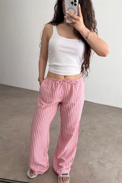 Viskon Summery Pink Çizgili Pantolon