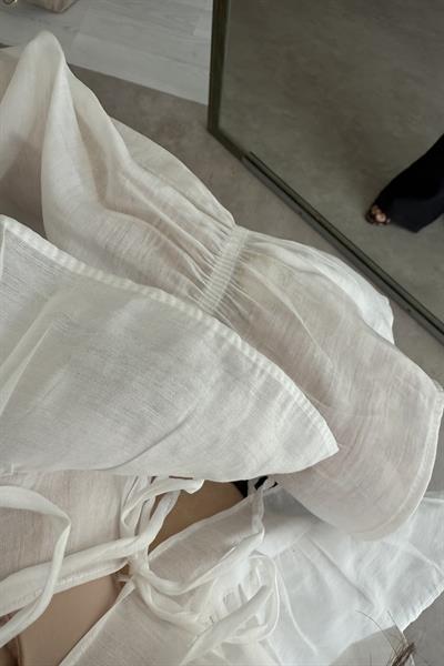 Volanlı Premium Bağlamalı Ekru Gömlek