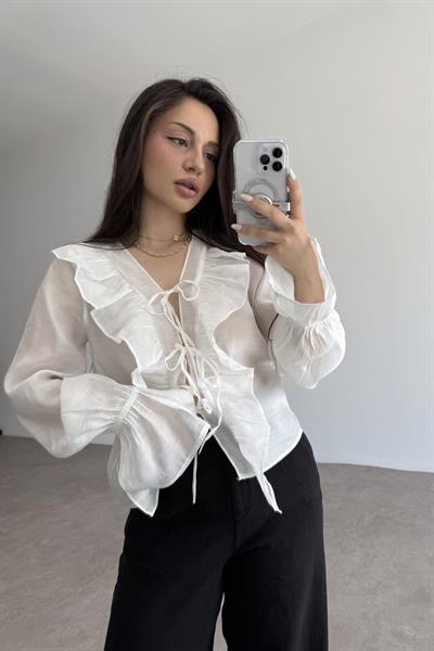 Volanlı Premium Bağlamalı Ekru Gömlek