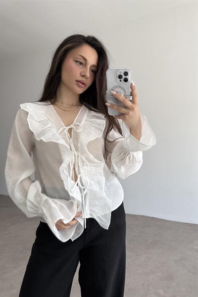 Volanlı Premium Bağlamalı Ekru Gömlek