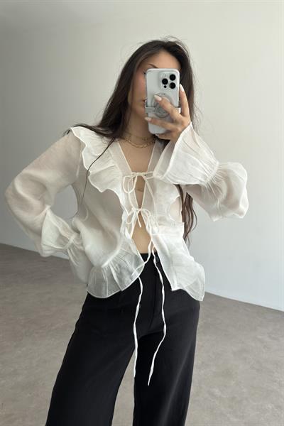 Volanlı Premium Bağlamalı Ekru Gömlek