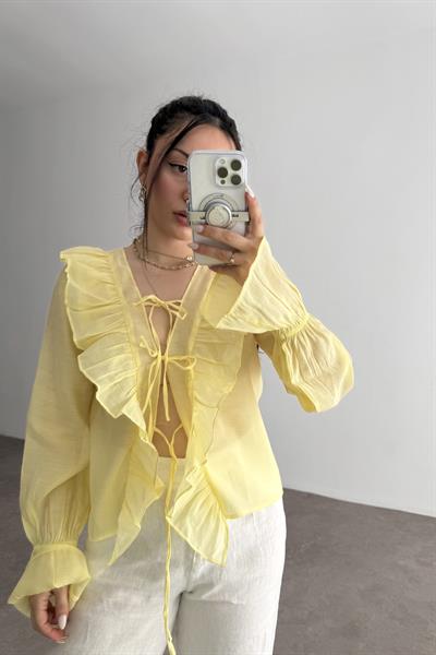 Volanlı Premium Bağlamalı Sarı Gömlek