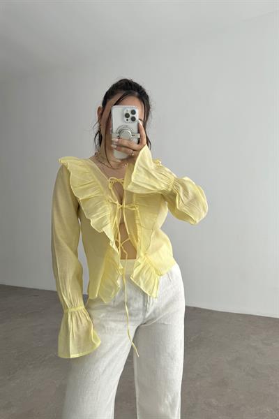 Volanlı Premium Bağlamalı Sarı Gömlek