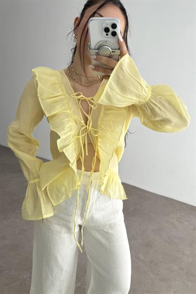 Volanlı Premium Bağlamalı Sarı Gömlek