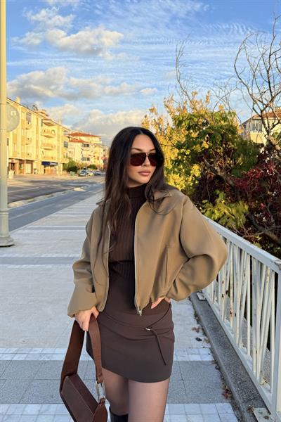 Yakalı Bomber Kalın Latte Ceket