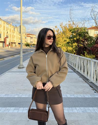 Yakalı Bomber Kalın Latte Ceket