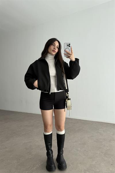 Yakalı Bomber Kalın Siyah Ceket