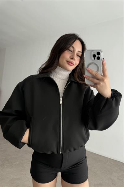 Yakalı Bomber Kalın Siyah Ceket