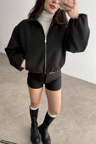 Yakalı Bomber Kalın Siyah Ceket