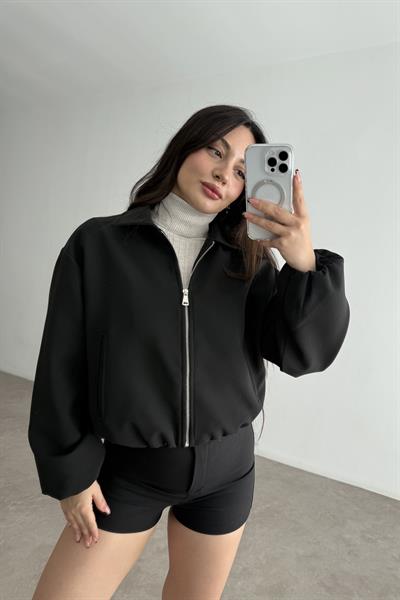 Yakalı Bomber Kalın Siyah Ceket