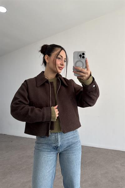 Yakalı Boz Kahve Kaşe Ceket