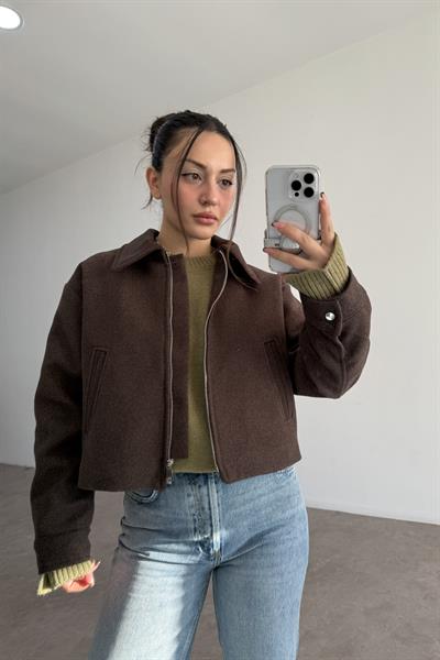 Yakalı Boz Kahve Kaşe Ceket