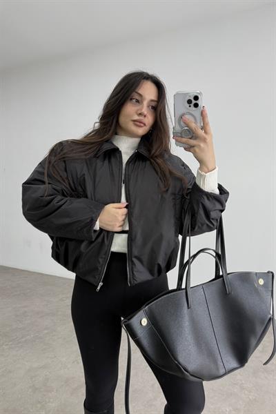 Yakalı Cepli Bomber Şişme Siyah Mont