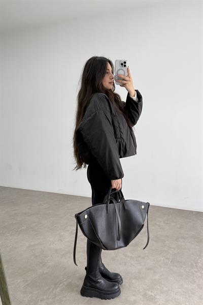 Yakalı Cepli Bomber Şişme Siyah Mont