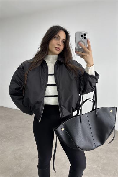 Yakalı Cepli Bomber Şişme Siyah Mont