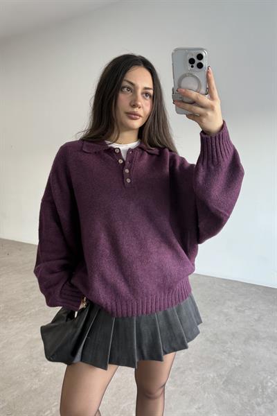 Yakalı Düğmeli Mürdüm Oversize Kazak