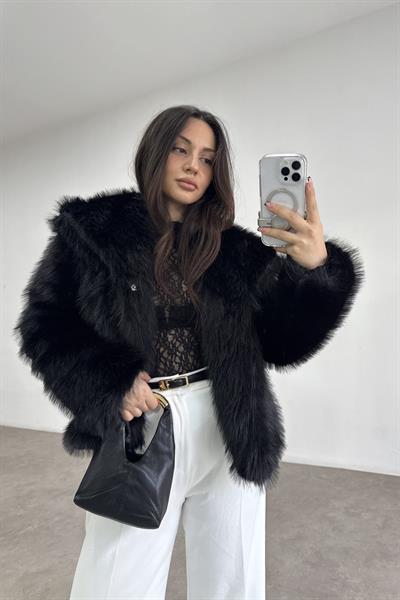 Yakalı Ekstra Dolgun Regular Siyah Kürk