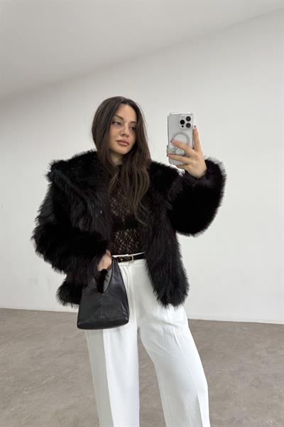 Yakalı Ekstra Dolgun Regular Siyah Kürk