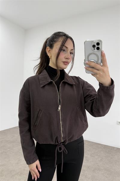 Yakalı Fermuarlı Orj Marka Kahve Denim Ceket