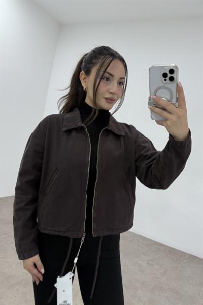 Yakalı Fermuarlı Orj Marka Kahve Denim Ceket