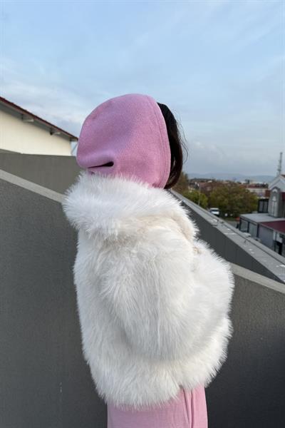 Yakalı Kruvaze Beyaz Kürk