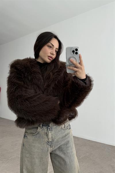 Yakalı Kruvaze Kürk Koyu Kahve