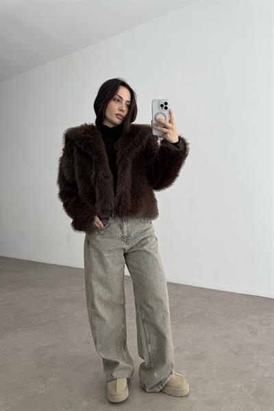 Yakalı Kruvaze Kürk Koyu Kahve