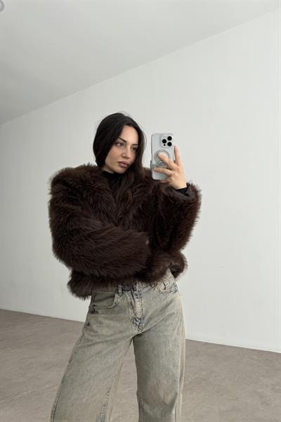 Yakalı Kruvaze Kürk Koyu Kahve