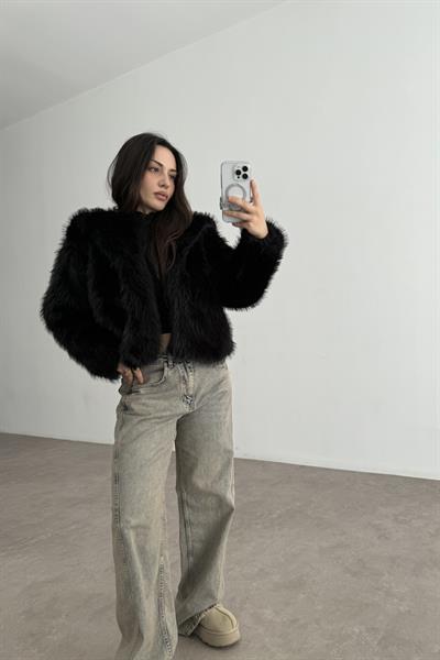 Yakalı Kruvaze Kürk Siyah