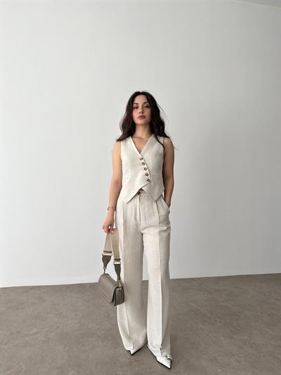 Yelekli Keten Natural Renk Takım