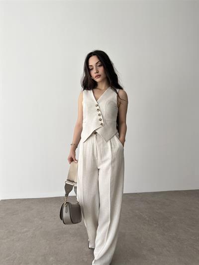 Yelekli Keten Natural Renk Takım