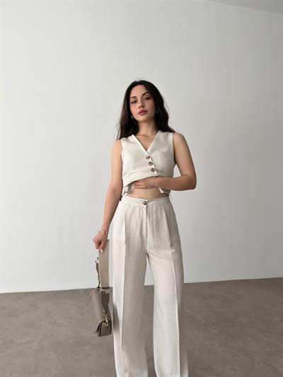 Yelekli Keten Natural Renk Takım