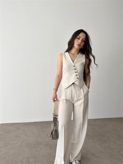 Yelekli Keten Natural Renk Takım