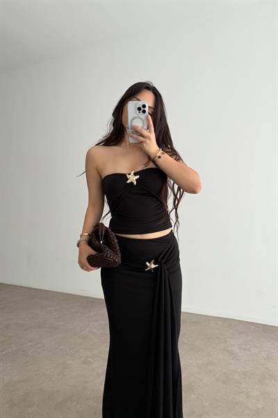 Yıldız Broş Detaylı Sandy Bluz Etek Takım Siyah