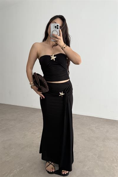 Yıldız Broş Detaylı Sandy Bluz Etek Takım Siyah