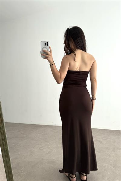 Yıldız Broş Detaylı Sandy Bluz Etek Takım Kahve