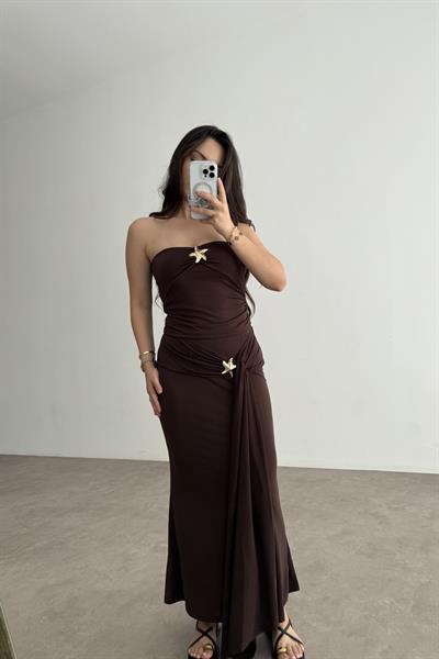 Yıldız Broş Detaylı Sandy Bluz Etek Takım Kahve